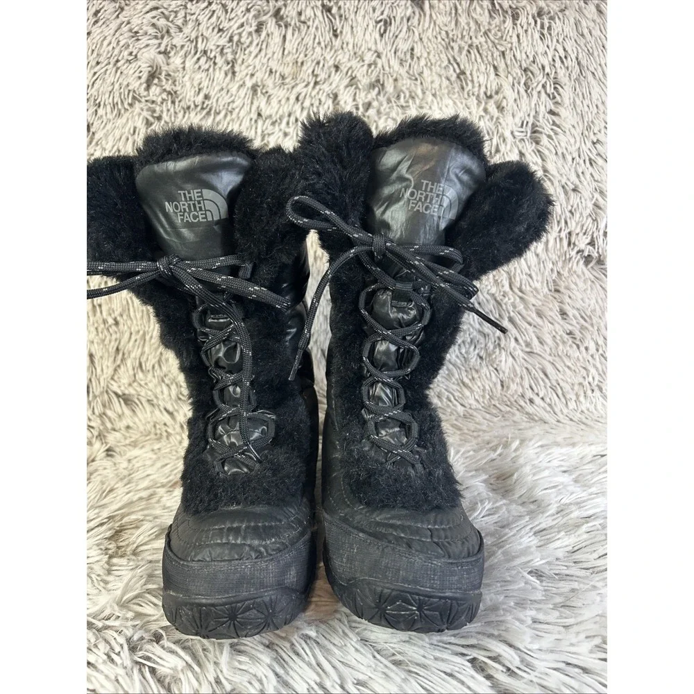 The North Face Sz 6 Nuptse Boots Black Goose Down Faux Fur Winter Snow Grip Puff